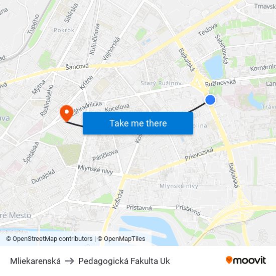 Mliekarenská to Pedagogická Fakulta Uk map