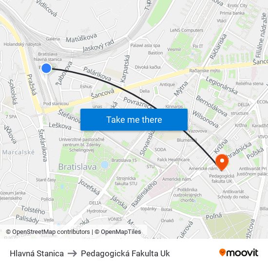 Hlavná Stanica to Pedagogická Fakulta Uk map