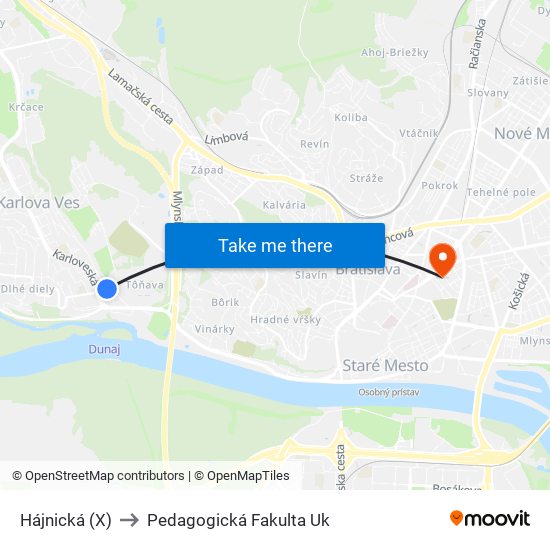 Hájnická (X) to Pedagogická Fakulta Uk map