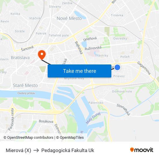 Mierová (X) to Pedagogická Fakulta Uk map