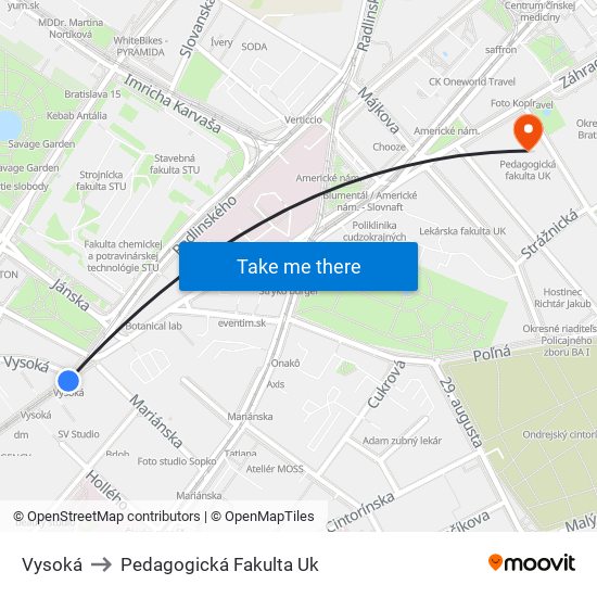 Vysoká to Pedagogická Fakulta Uk map