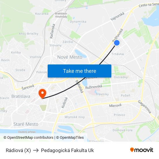 Rádiová (X) to Pedagogická Fakulta Uk map