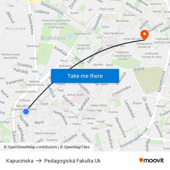 Kapucínska to Pedagogická Fakulta Uk map