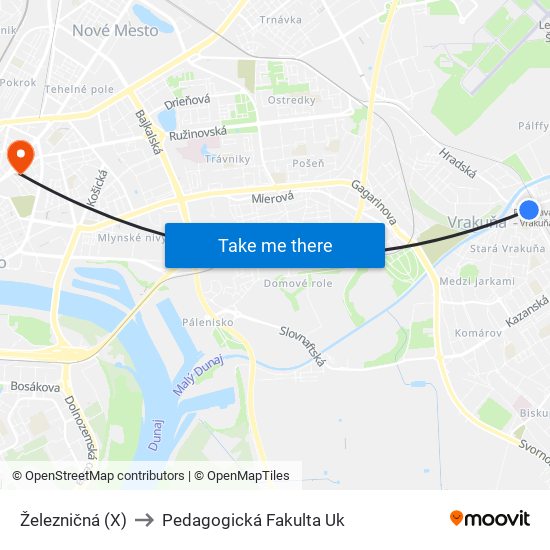 Železničná (X) to Pedagogická Fakulta Uk map