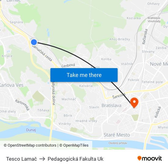 Tesco Lamač to Pedagogická Fakulta Uk map