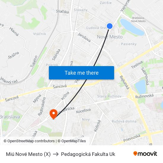 Miú Nové Mesto (X) to Pedagogická Fakulta Uk map