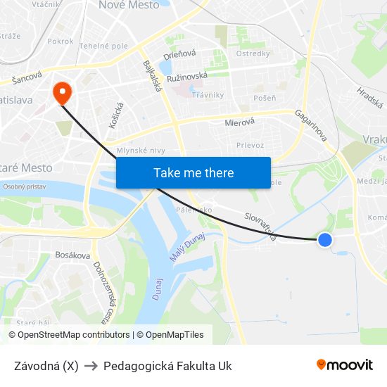 Závodná (X) to Pedagogická Fakulta Uk map