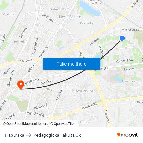 Haburská to Pedagogická Fakulta Uk map