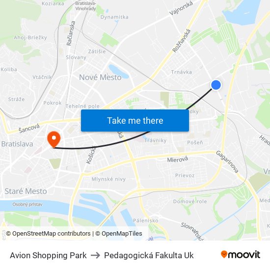 Avion Shopping Park to Pedagogická Fakulta Uk map