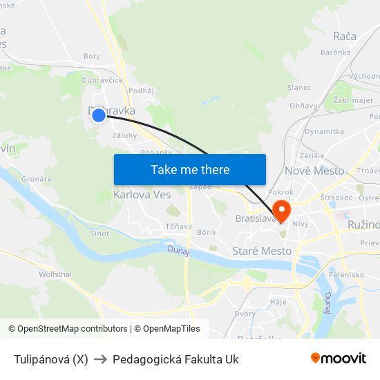 Tulipánová (X) to Pedagogická Fakulta Uk map