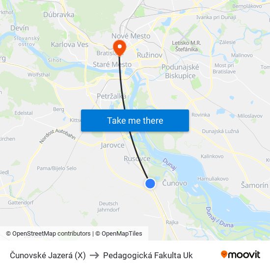 Čunovské Jazerá (X) to Pedagogická Fakulta Uk map