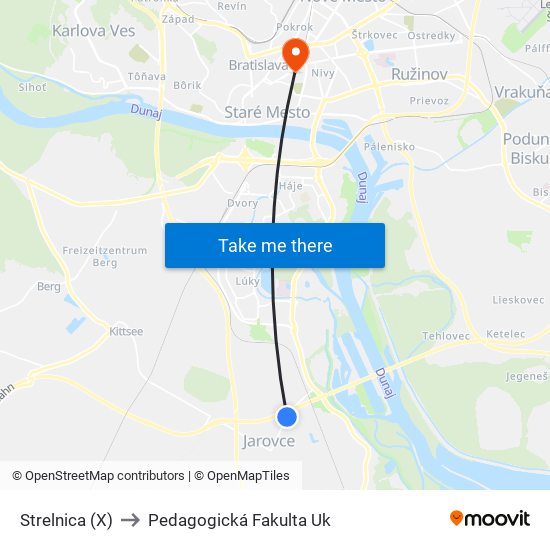 Strelnica (X) to Pedagogická Fakulta Uk map