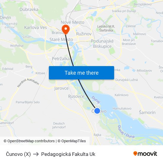 Čunovo (X) to Pedagogická Fakulta Uk map