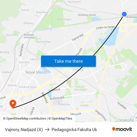 Vajnory, Nadjazd (X) to Pedagogická Fakulta Uk map