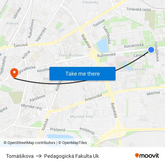 Tomášikova to Pedagogická Fakulta Uk map