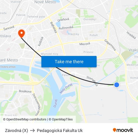 Závodná (X) to Pedagogická Fakulta Uk map