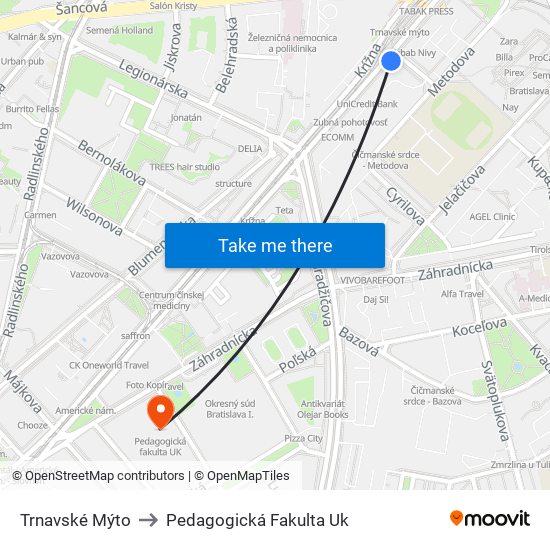 Trnavské Mýto to Pedagogická Fakulta Uk map