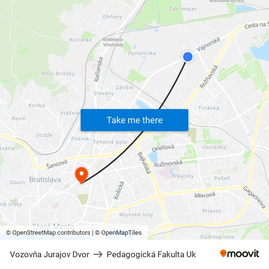 Vozovňa Jurajov Dvor to Pedagogická Fakulta Uk map