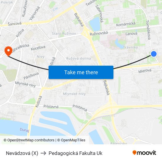 Nevädzová (X) to Pedagogická Fakulta Uk map