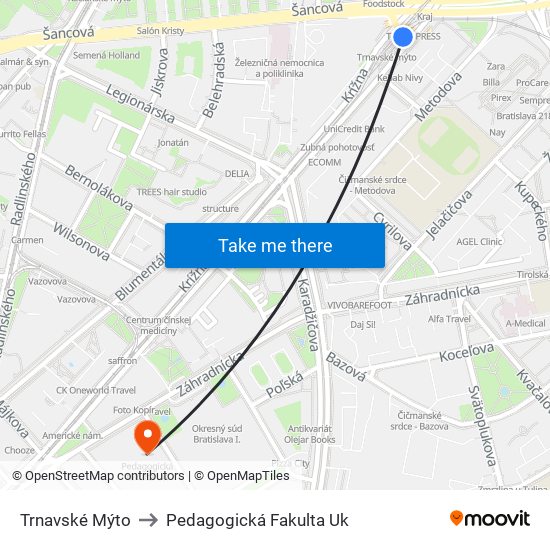 Trnavské Mýto to Pedagogická Fakulta Uk map