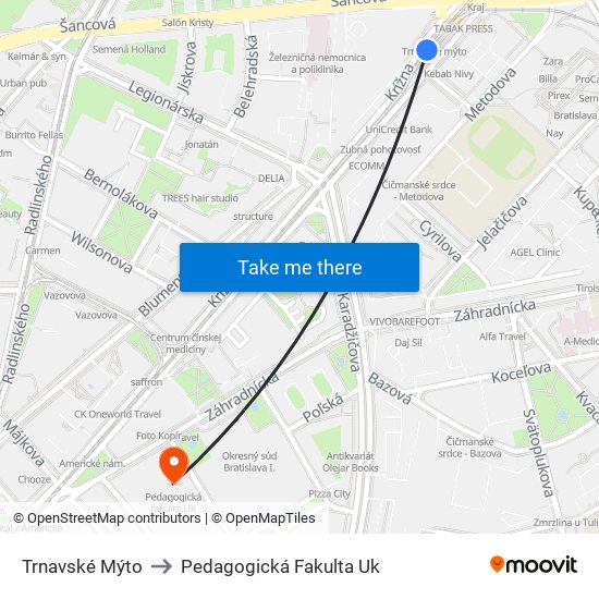 Trnavské Mýto to Pedagogická Fakulta Uk map