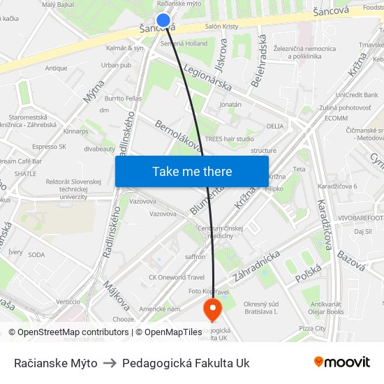 Račianske Mýto to Pedagogická Fakulta Uk map