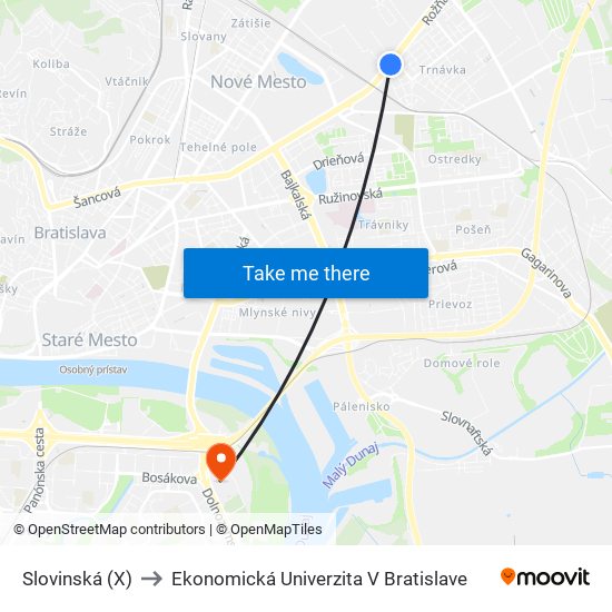 Slovinská (X) to Ekonomická Univerzita V Bratislave map
