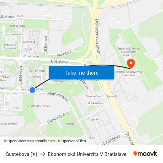 Šustekova (X) to Ekonomická Univerzita V Bratislave map