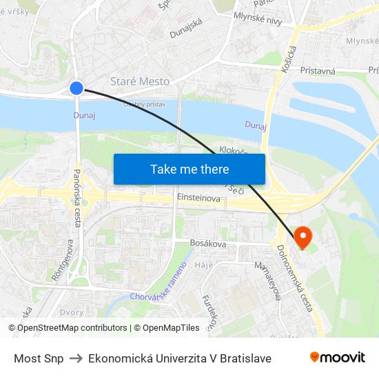 Most Snp to Ekonomická Univerzita V Bratislave map