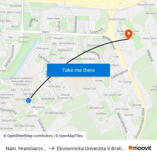 Nám. Hraničiarov (X) to Ekonomická Univerzita V Bratislave map