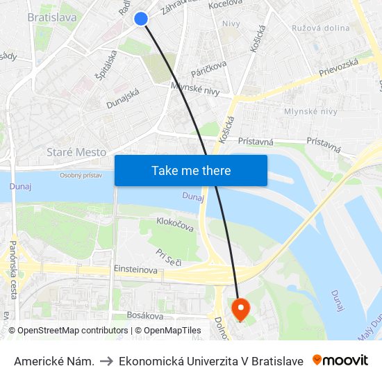 Americké Nám. to Ekonomická Univerzita V Bratislave map