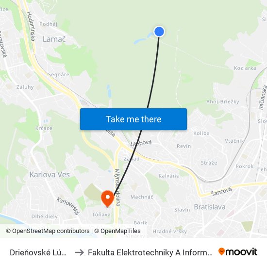 Drieňovské Lúky (X) to Fakulta Elektrotechniky A Informatiky Stu map