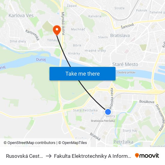 Rusovská Cesta (X) to Fakulta Elektrotechniky A Informatiky Stu map