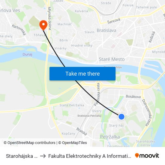 Starohájska (X) to Fakulta Elektrotechniky A Informatiky Stu map