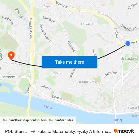 POD Stanicou to Fakulta Matematiky, Fyziky A Informatiky Uk map