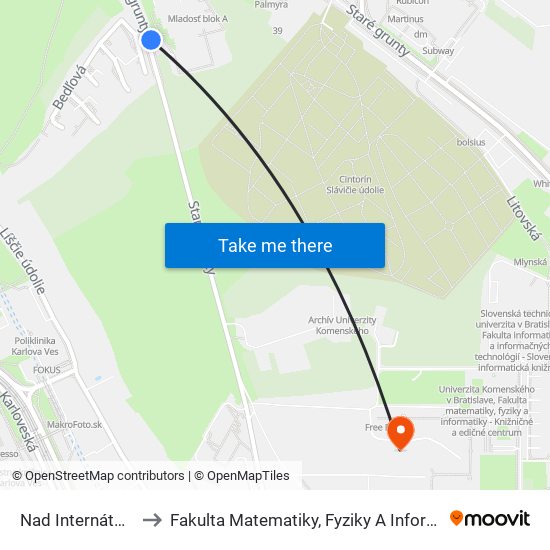 Nad Internátmi (X) to Fakulta Matematiky, Fyziky A Informatiky Uk map