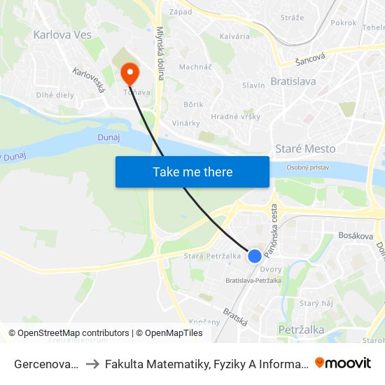Gercenova (X) to Fakulta Matematiky, Fyziky A Informatiky Uk map