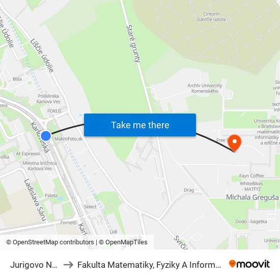 Jurigovo Nám. to Fakulta Matematiky, Fyziky A Informatiky Uk map