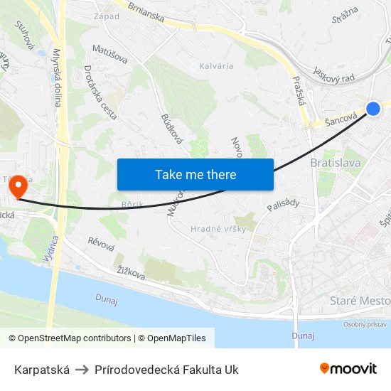 Karpatská to Prírodovedecká Fakulta Uk map