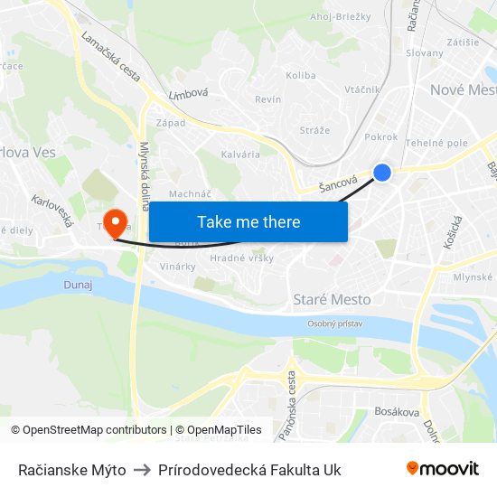 Račianske Mýto to Prírodovedecká Fakulta Uk map