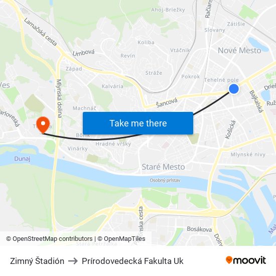 Zimný Štadión to Prírodovedecká Fakulta Uk map