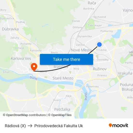 Rádiová (X) to Prírodovedecká Fakulta Uk map