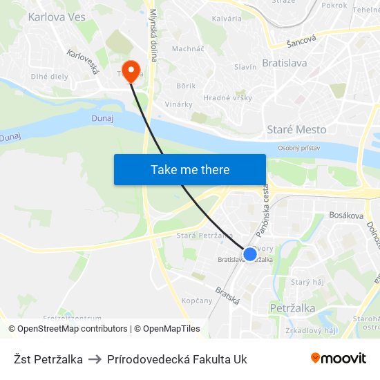 Žst Petržalka to Prírodovedecká Fakulta Uk map