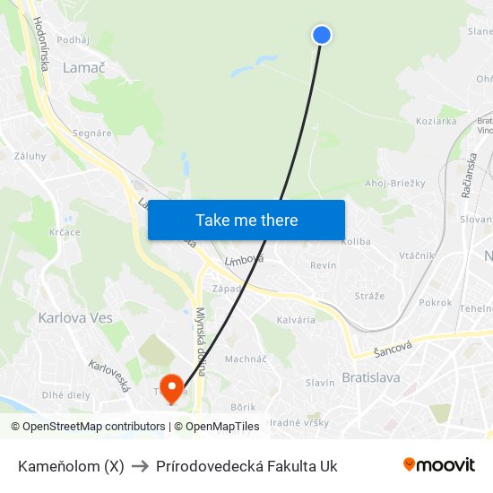 Kameňolom (X) to Prírodovedecká Fakulta Uk map