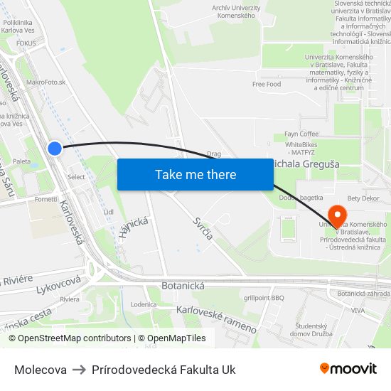 Molecova to Prírodovedecká Fakulta Uk map