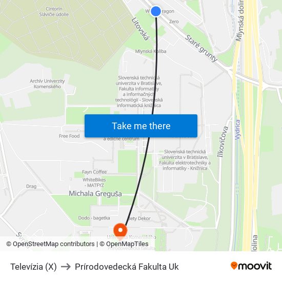 Televízia (X) to Prírodovedecká Fakulta Uk map