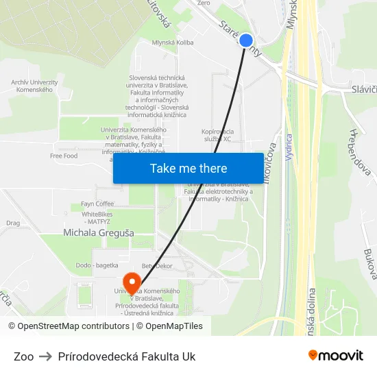 Zoo to Prírodovedecká Fakulta Uk map