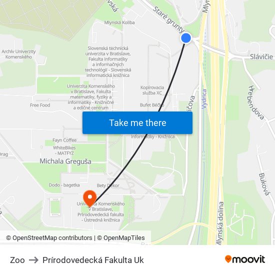 Zoo to Prírodovedecká Fakulta Uk map