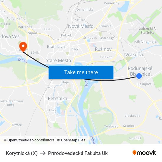 Korytnická (X) to Prírodovedecká Fakulta Uk map