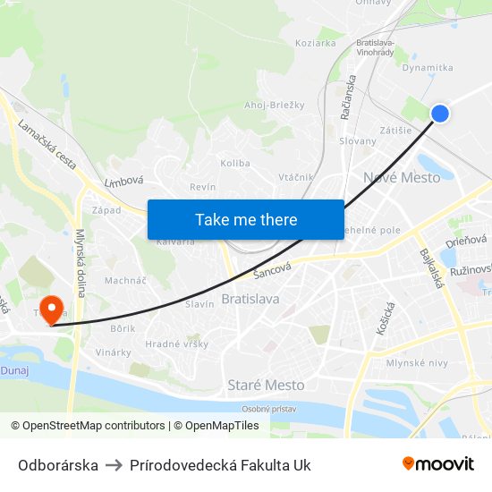 Odborárska to Prírodovedecká Fakulta Uk map